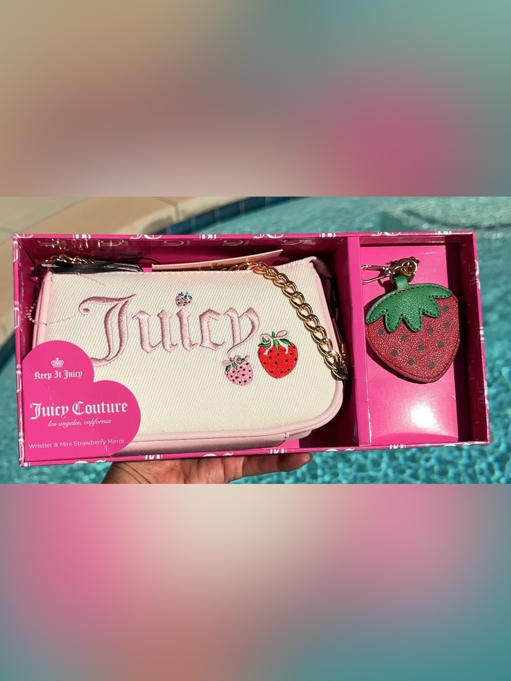 Juicy Couture Strawberry shoulder bag and mirror set bundle
